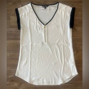 (Express) Silky zip-detail short sleeve blouse in white/black